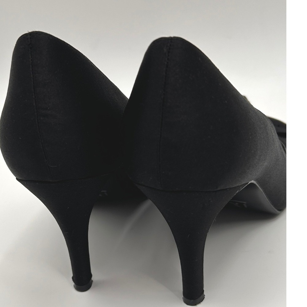 The Touch of Nina Black Satin Bow Peep Toe Heels Women's Size 7 Pumps Coquette - Picture 5 of 9